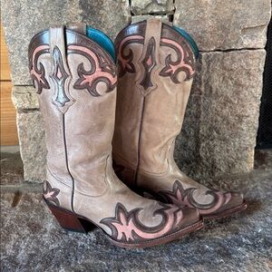 Tony Lama brown tan pink Western Cowgirl Boots Women's Size 8.5 B